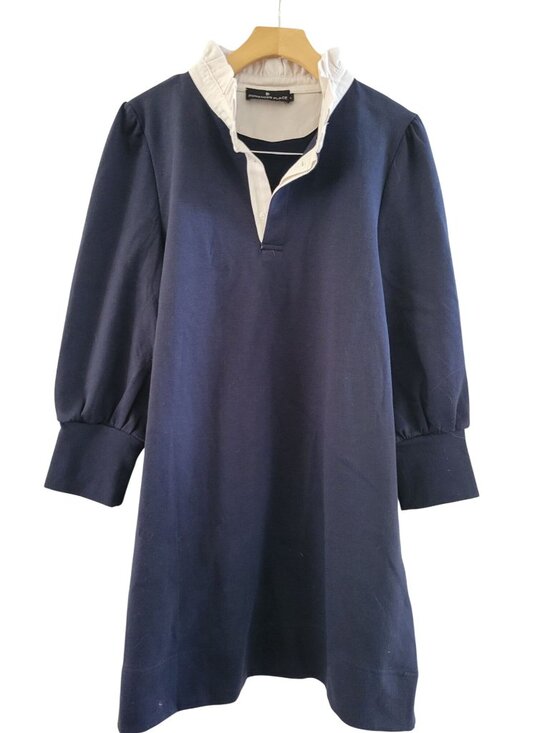 Tuckernuck Pomander Place Navy French Terry Dress size Large Preppy Ruffled - Picture 2 of 10